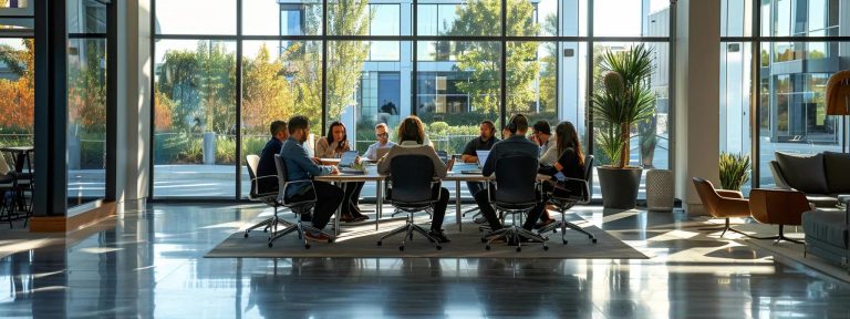 a bustling lakeland office, filled with professionals engaging in earnest discussions around a sleek conference table, emphasizing collaboration in affordable bookkeeping and tax preparation services for small businesses.